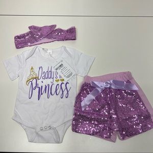 NEW 3PC Infant Girl Purple/Sequin Shorts Matching Set Size 6Mo